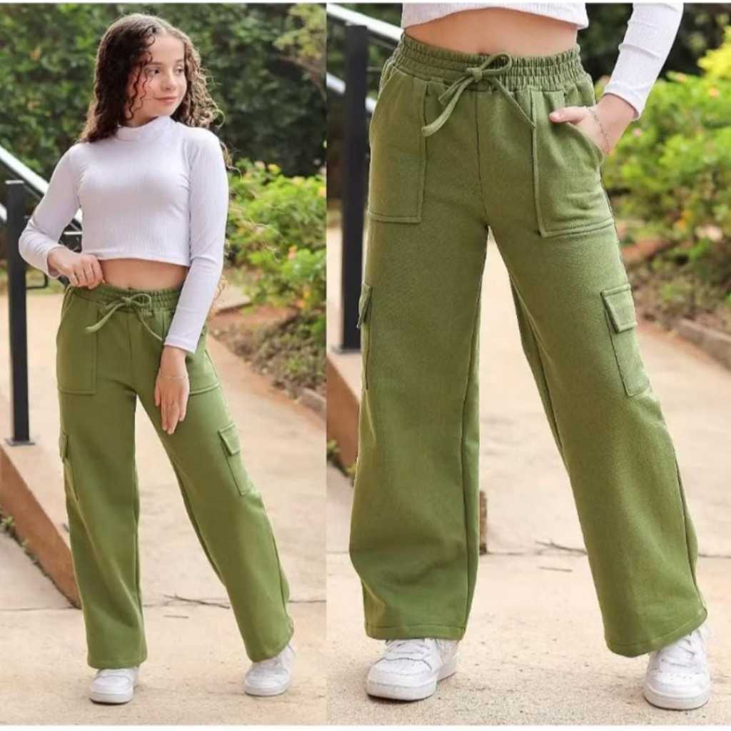 Calça Cargo Juvenil Feminina Com Bolso Lateral Calça Moletom Moda Blogueira Inverno