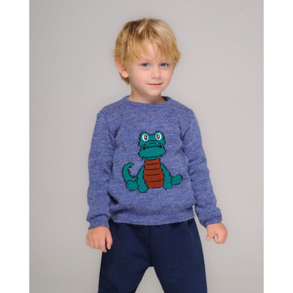 Suéter Blusa Tricô Infantil Menino Lã Quentinha Azul Crocodilo Inverno Tramadinhos Tricot