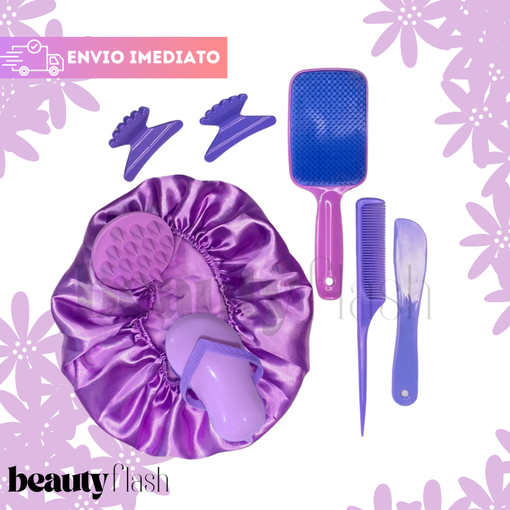 Kit Escova Massageador Touca de Cetim Pente e Presilha Beauty Flash Presente Especial para você