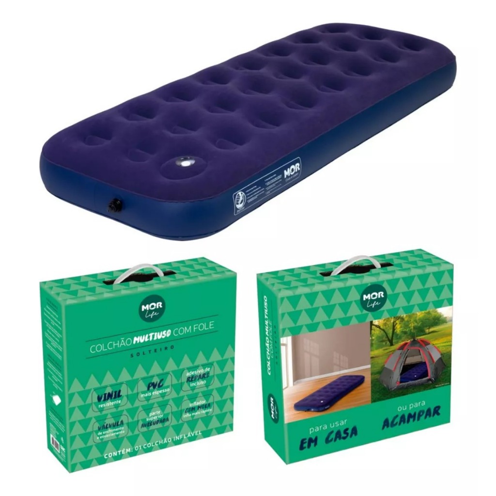 Colchao Inflavel Solteiro Mor + Inflador Embutido + Reparo Cor Azul