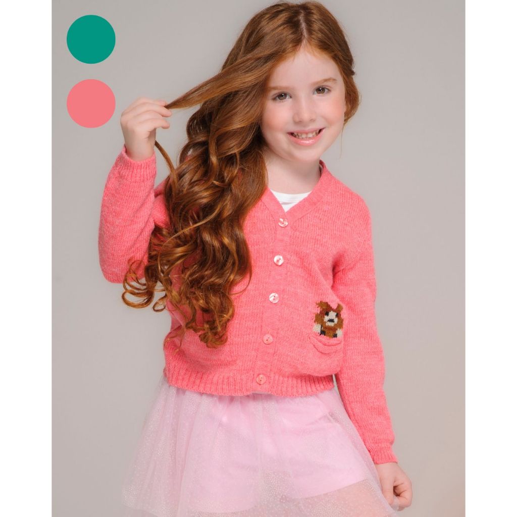 Cardigan com Botões Tricô Infantil Menina Menino Lã Quentinha Coral Verde Inverno Tramadinhos Tricot