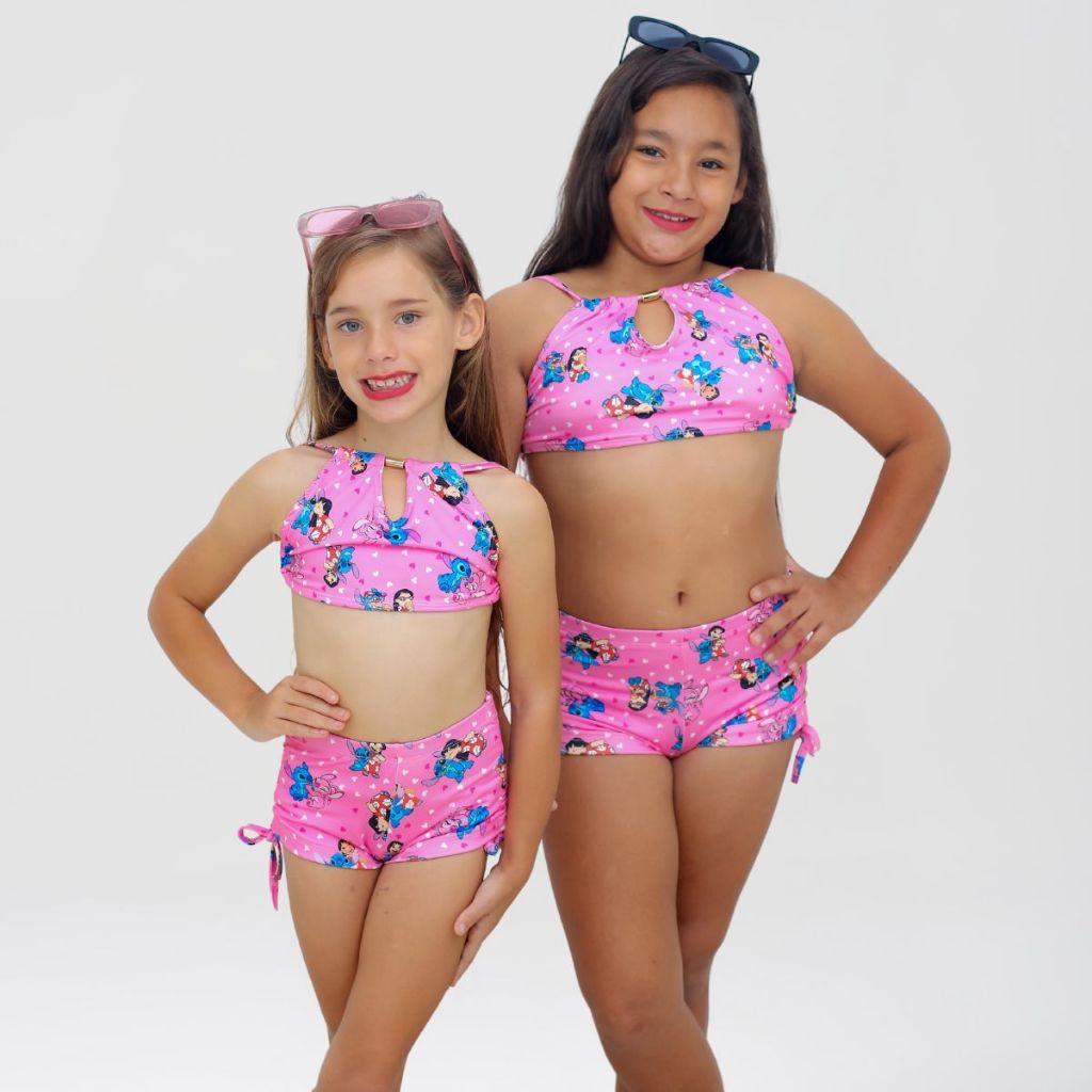 Conjunto Biquini Infantil Stitch Com Short Proteção Uv 50+ Praia Piscina 2 Peças 2 ao 14 anos