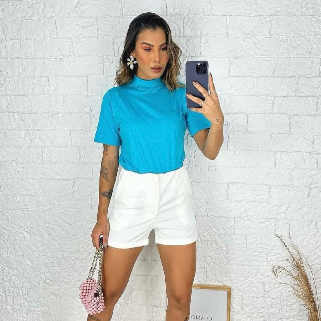 T- Shirt Blusa  Gola Alta 100% Algodão Femenina
