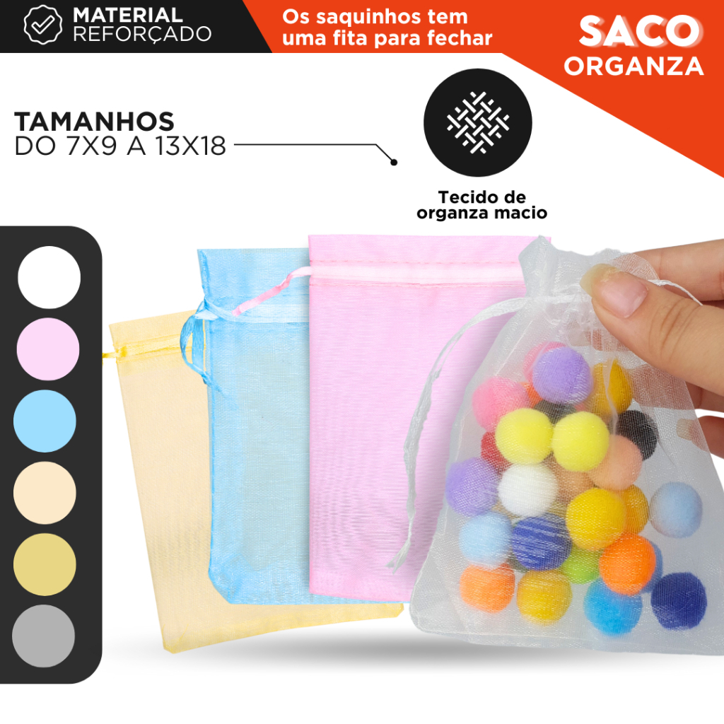 Kit Saquinho Organza Colorido com Fita Cetim Lembrancinha Casamento Festa Aniversário Batizado Joias