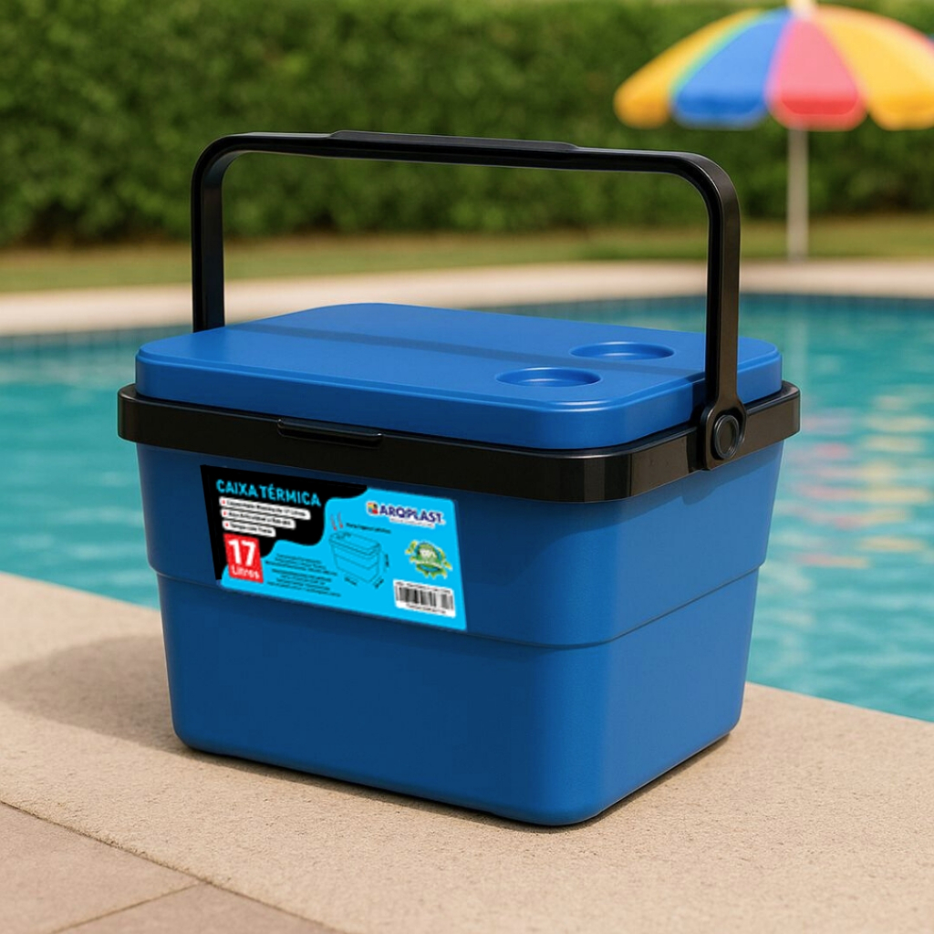 Cooler Caixa Térmica 17 Litros Com Trava e Alça Reforçada Porta Copos Cor Azul Toy 25963