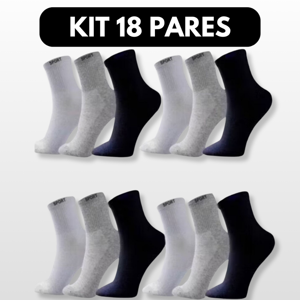 Meia Algodão Sport Cano Alto Unissex Sortida kits com 6,12 ou 18 pares
