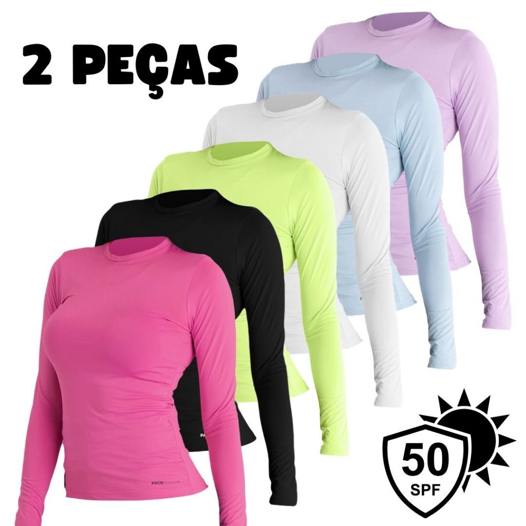 2 Camisetas Proteção UV 50+ Feminina Térmica Camisa Manga Longa Blusa Seca Fácil Segunda Pele