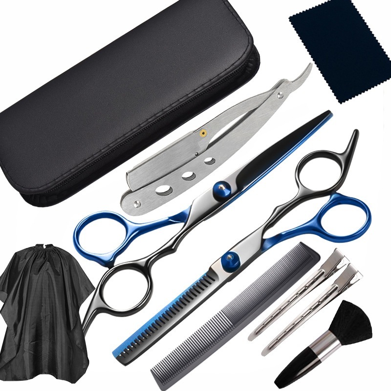 Kit 10 Peças Tesoura Barbeiro Fio Navalha E Desfiadeira + Acessórios