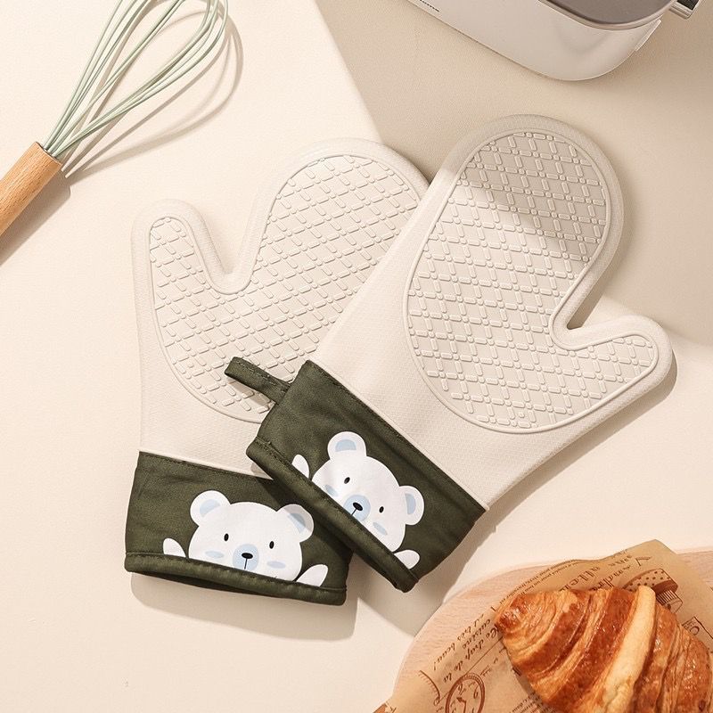 1Par ou 1 Unidadade Luvas Isoladas Anti-Queimadura Silicone Espessado Cozinha Assar  Forno Especial Branca com verde