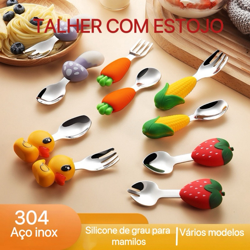 Talher 2 Peças Garfo Colher e Estojo Com Cabo de Silicone em Aço inoxidável 304 Fofos