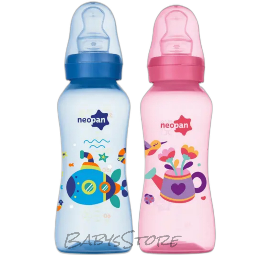 MAMADEIRA NEOPAN CRIATIVA AZUL/ROSA 250 ML BICO DE SILICONE ORTODÔNTICO (6+)