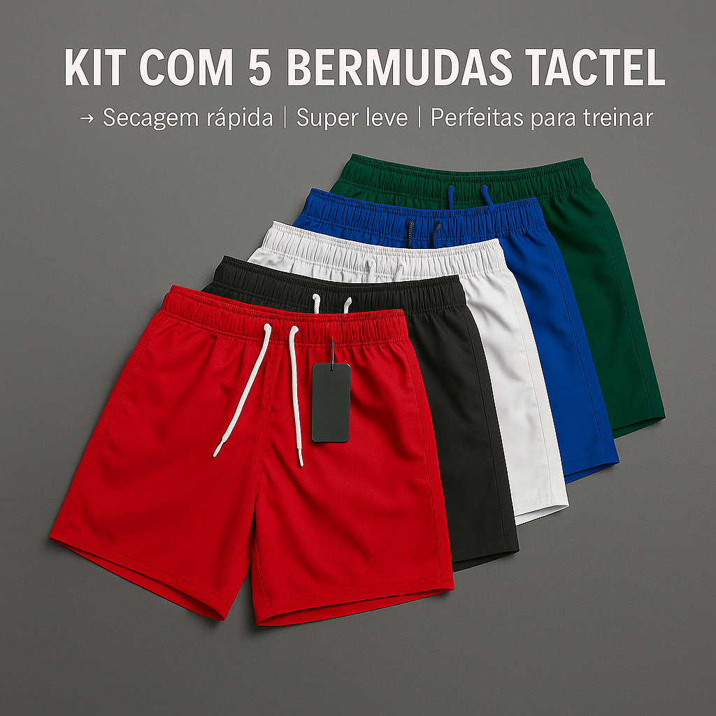Kit Com 5 Short Liso Esportivo Bermuda Praia e Banho Tactel Premium Praia Academia Corrida e Treino