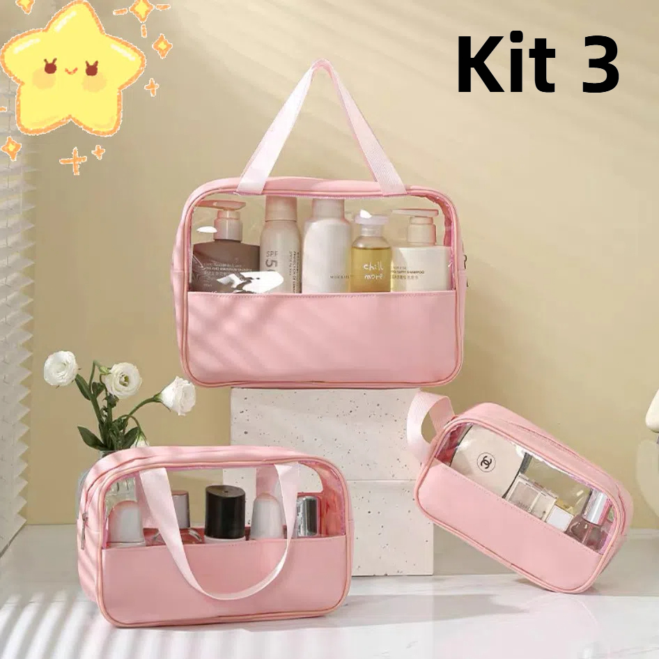 Kit 3 Necessaires Transparentes para Viagem - Organize Cosméticos e Produtos de Higiene Pessoal