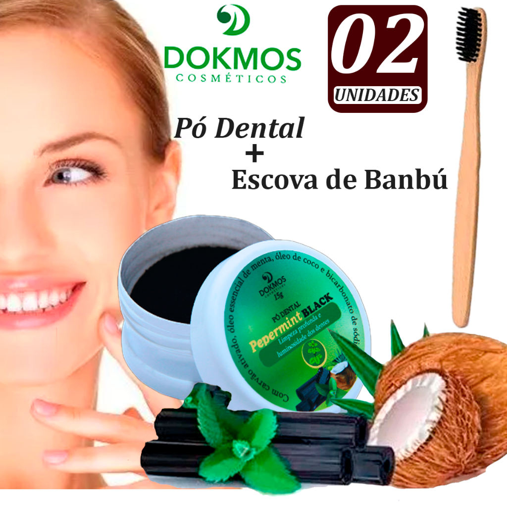 Kit 02 Unidades Pó Dental Clareador Natural Pepermint Carvão + Escova de Banbu Biodegradavel-Dokmos