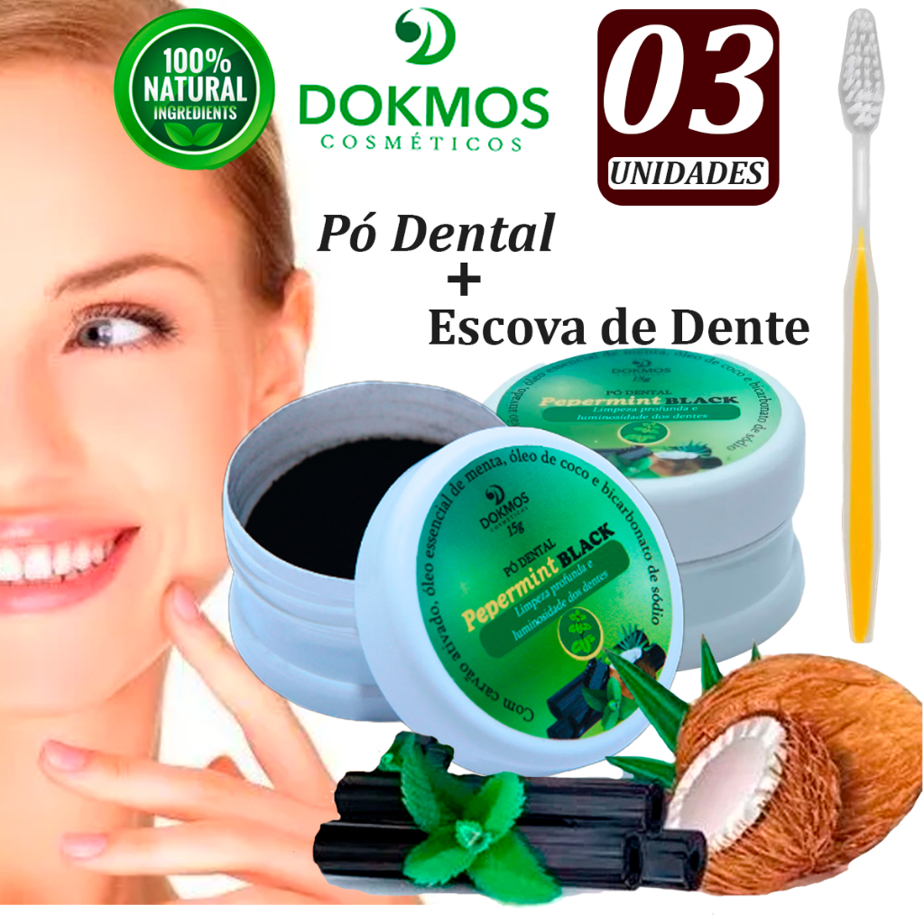 Kit 02 Pó Dental Clareador Natural Carvão Ativado Pepermint + Escova de Dente -Dokmos