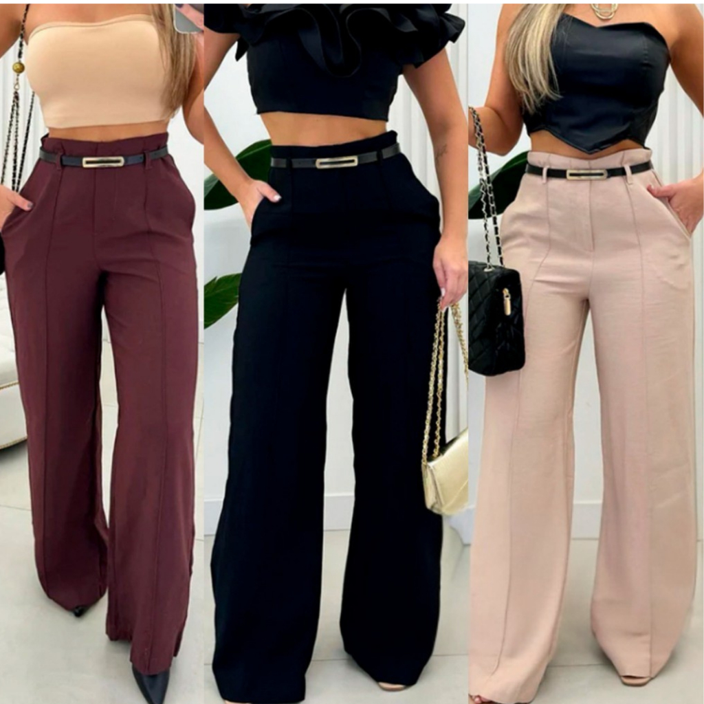 calça social  alfaiataria pantalona feminina cintura alta com cinto ziper na lateral