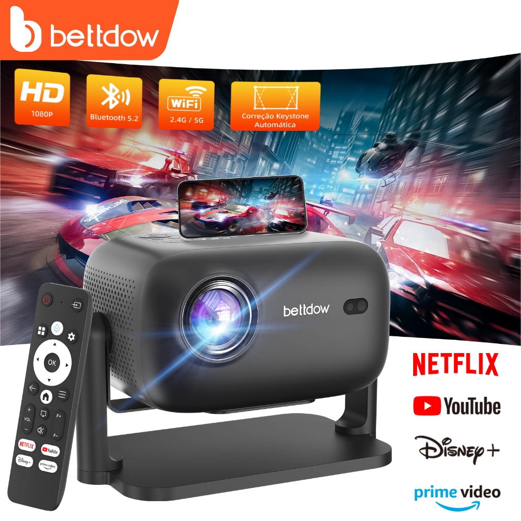 Projetor Bettdow 1080P Full 4K, imagem selada 500 ANSI, Dolby original, foco automático HDMI 2.1, para casa e exterior