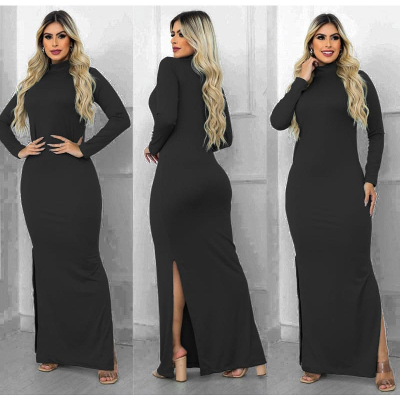 Vestido Longo com Fenda Lateral Manga Longa Gola Alta em Malha Canelada
