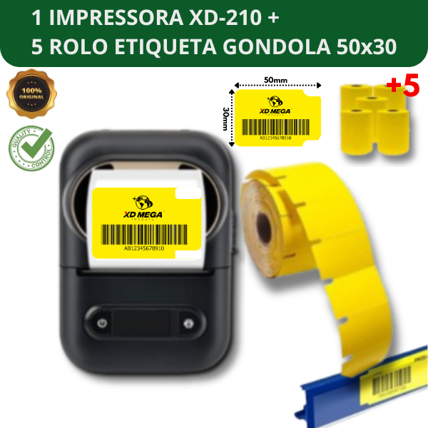 1 IMPRESSORA BLUETOOTH XD-210 + 5 ROLO ETIQUETA GONDOLA 50x30