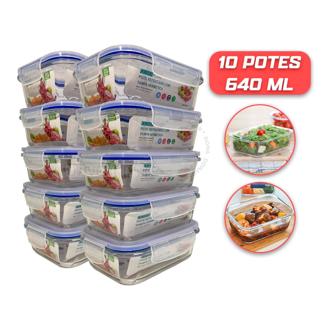 Kit 10 ou kit 5 Potes de Vidro 640ml Hermético Marmita Fit com Tampa 4 Travas Oliver Home