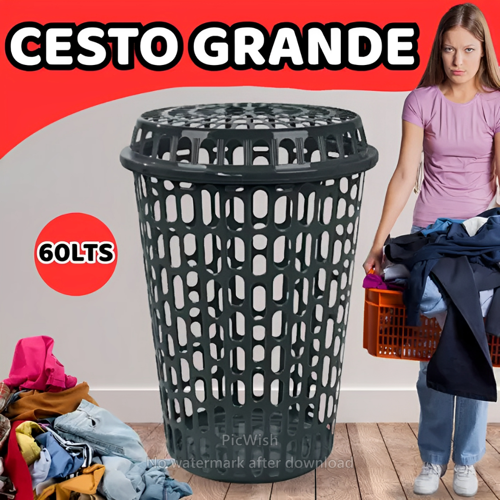 Cesto De Roupas Sujas Telado 60 Litros Com Tamppa Preto