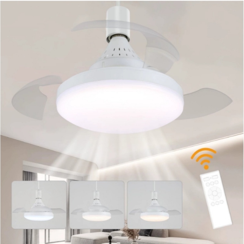 Ventilador De Teto Retratil 80W Lâmpada 3 Cores E27 Silencioso Bivolt Com Controle