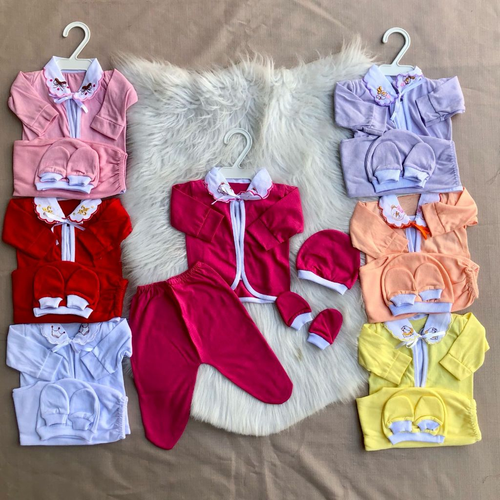 Pagão Completo Bordado na Gola RN Menino e Menina Reborn roupa de Recem Nascido 5 Peças 100% Algodão