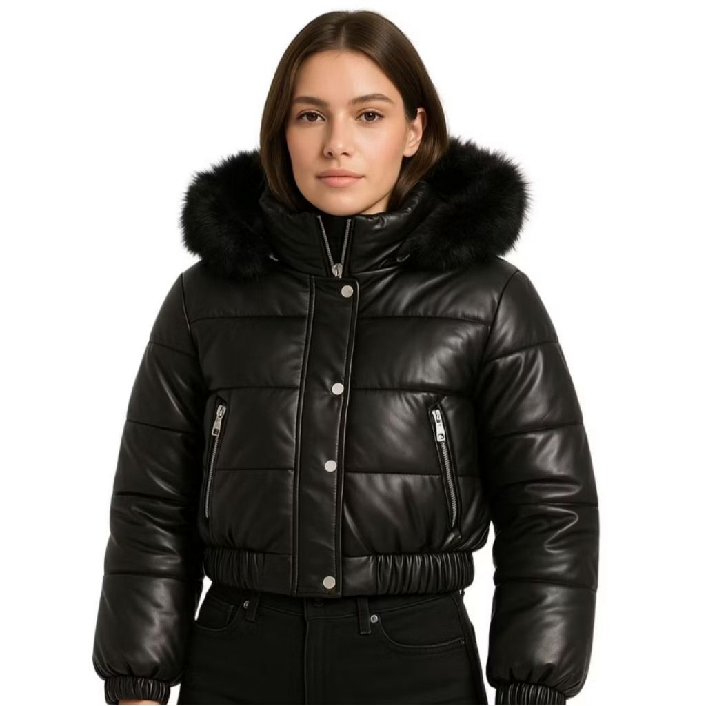 Jaqueta Puffer Cropped Feminina Couro Fake Grossa e Forrada Iverno Com Capuz  Removivel