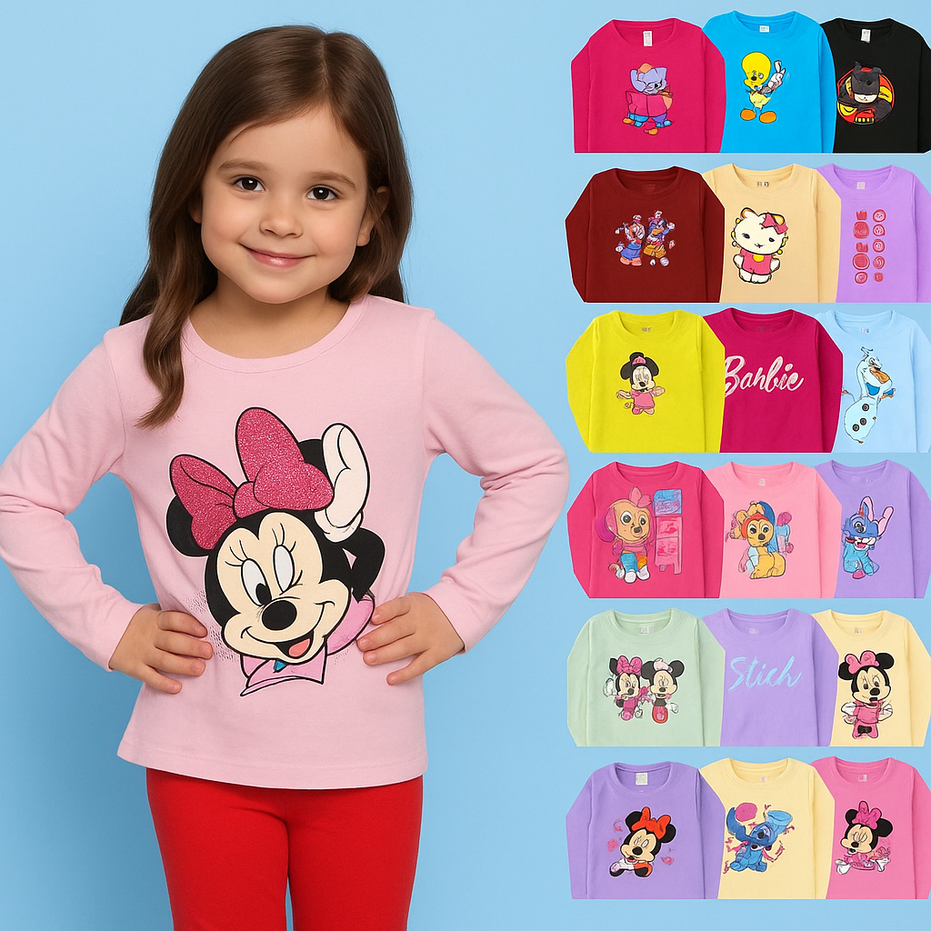 Kit 5 Camisetas Manga Longa Infantil Menina Feminina 2 a 8 Anos Sortidos