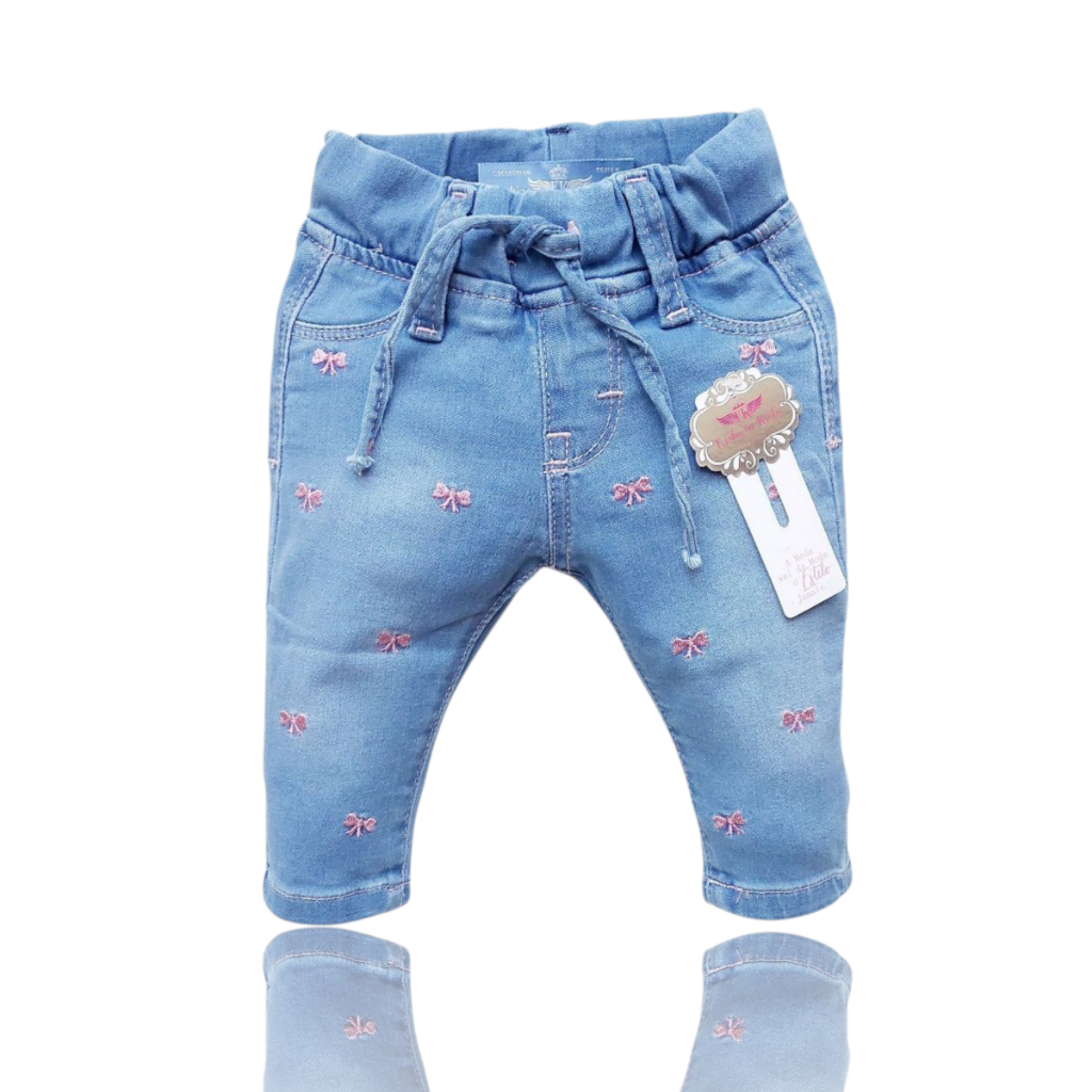 Calça de Bebê Menina Jeans Infantil Bordada Laço Rosa P M G Maravilhosa