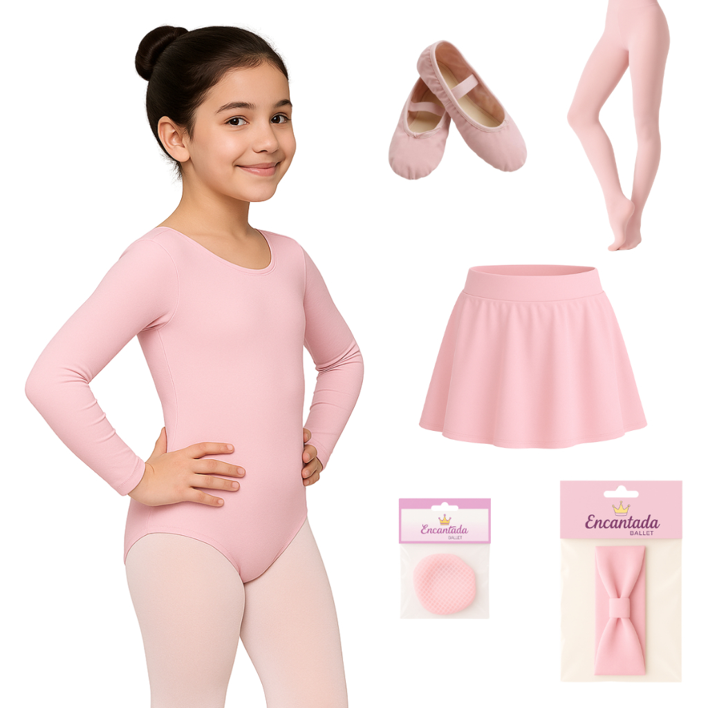 KIT Ballet ROSA Collant Manga Longa + Saia Cós + Rede + Faixa + Meia calça Fio 40 + Sapatilha - 6 peças ROSA