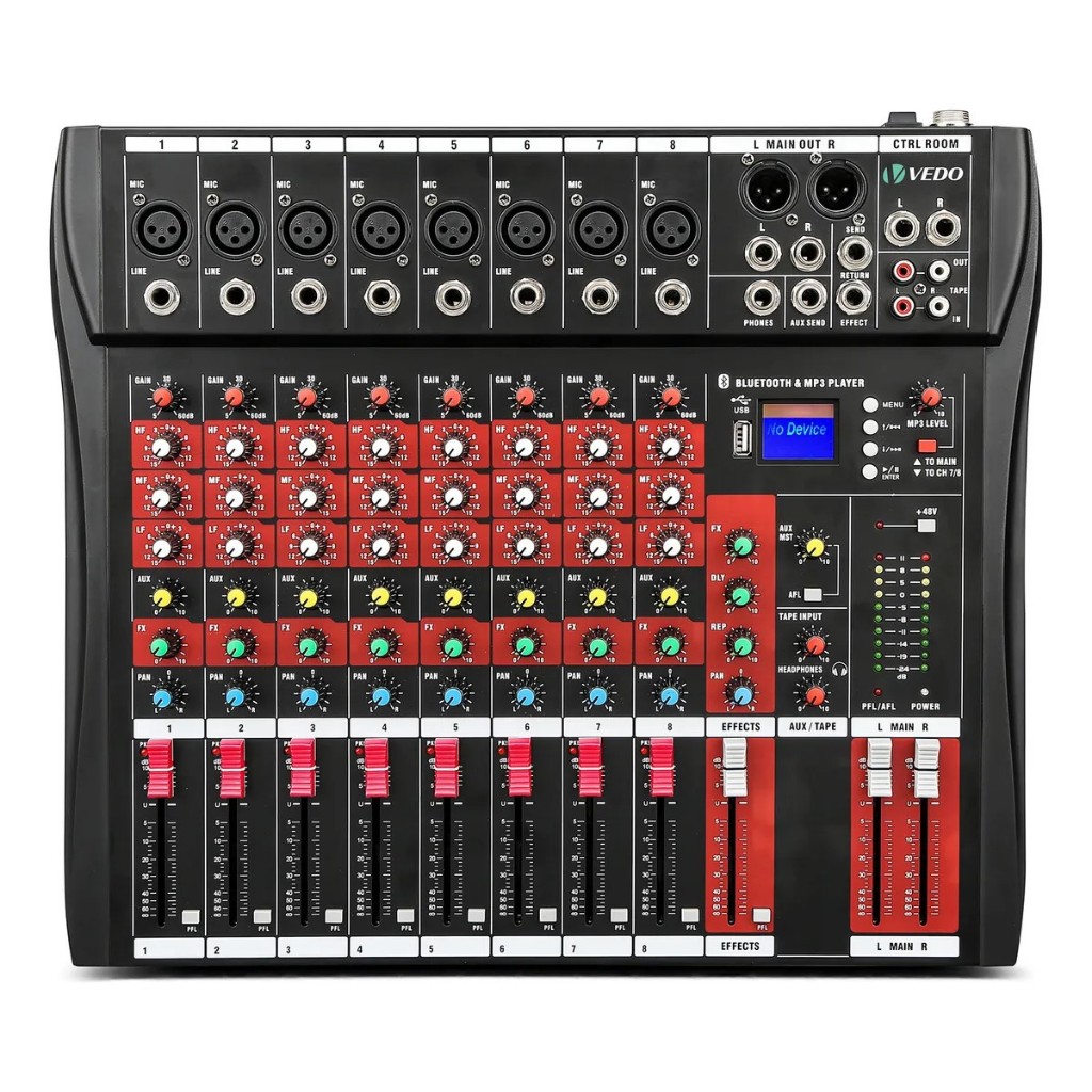 VEDO 8 Canais Misturador De Som áudio Mesas De Som Console De Mixagem Profissional DJ controlador Tela LCD Com luz
