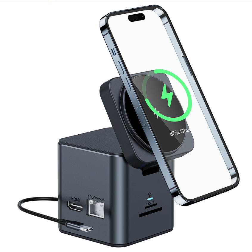 Hub USB-C Multifuncional 9 em 1 com Carga Magnética 15W – Leve e Prático