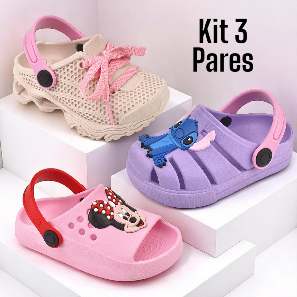 Kit 3 Pares Tênis Infantil Menina Sandália Confortável e Babuche Macio