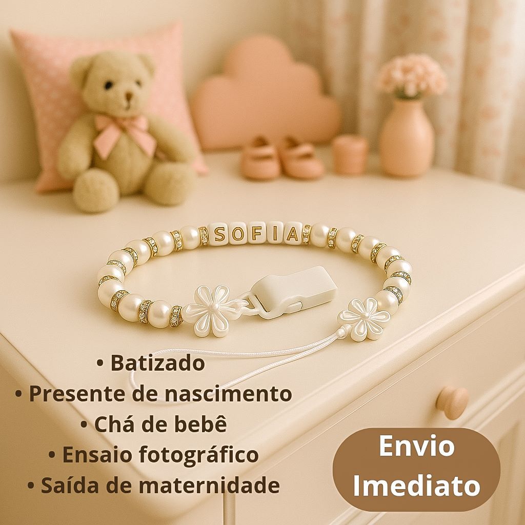 Prendedor de Chupeta Para Batizado Personalizado Com o Nome Acessório Bebê Elegante