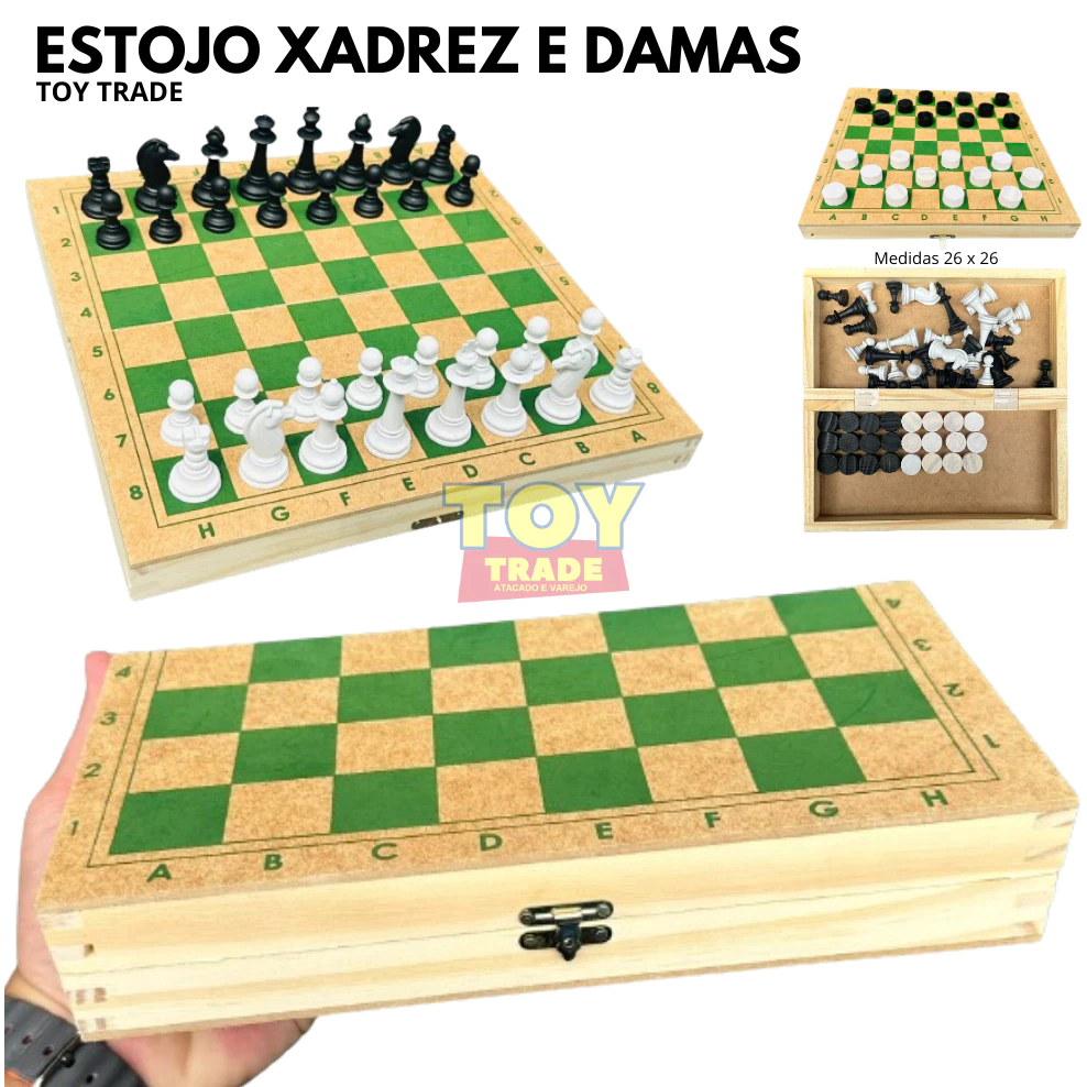 Estojo Xadrez E Damas Jogo 2 em 1 Em Madeira - 32 peças xadrez + 24 peças de dama