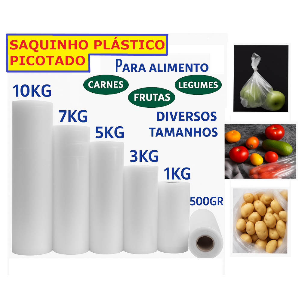 Bobina Plástica Picotada Sacos plásticos saquinhos alimento Mercado Freezer todos os tamanhos