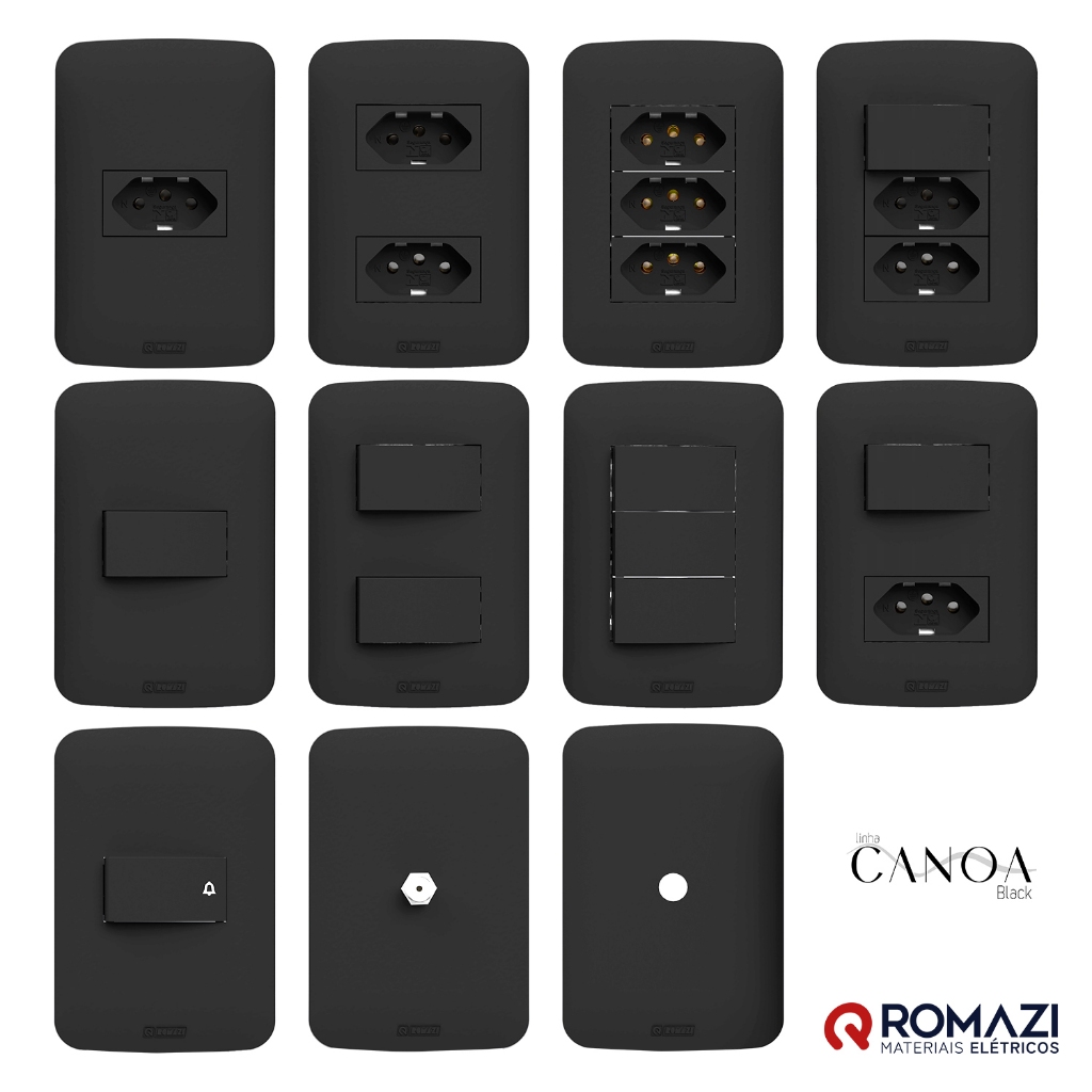 INTERRUPTORES E TOMADAS CANOA BLACK - ROMAZI