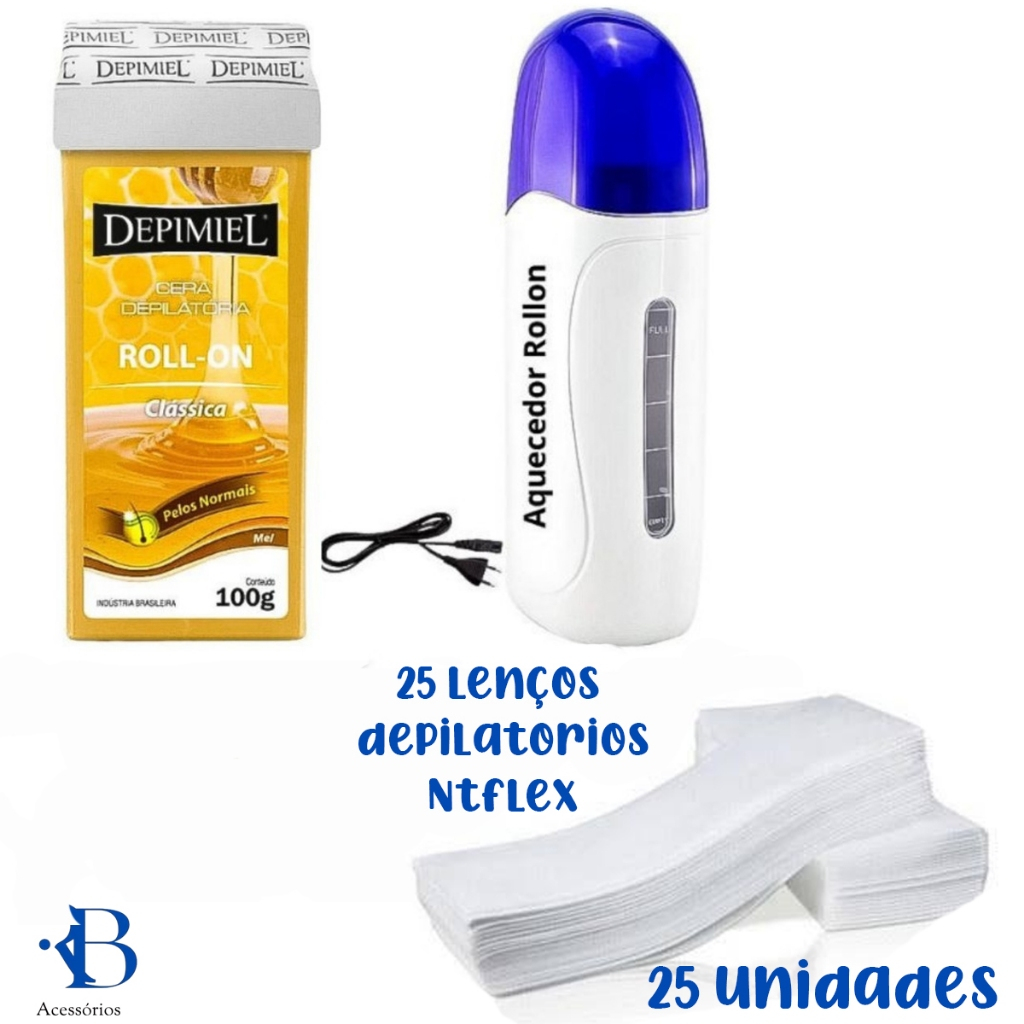 KIT Aparelho Aquecedor De Cera Quente Roll On + Refil De Cera Rolon + Papel