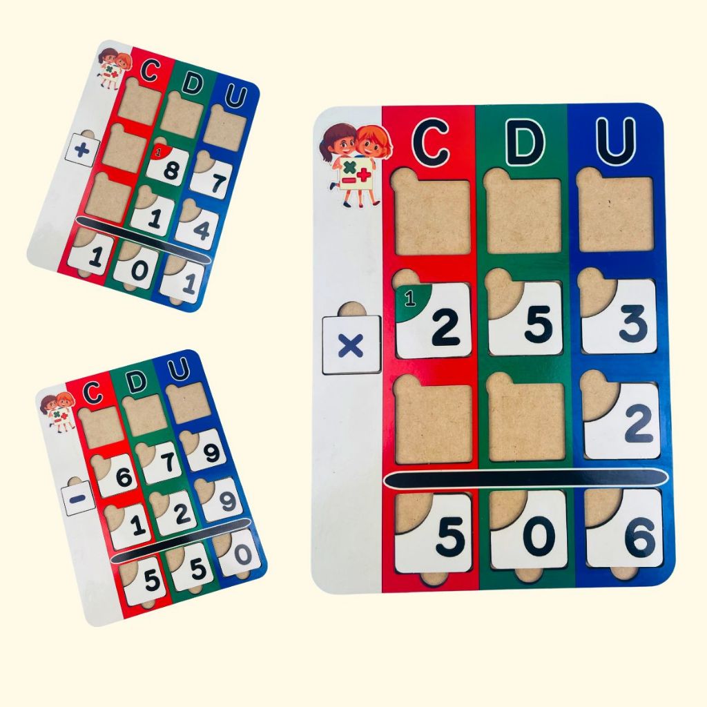Ensino do QVL em MDF - Adição, Subtração e Multiplicação - Jogo educativo das continhas em madeira