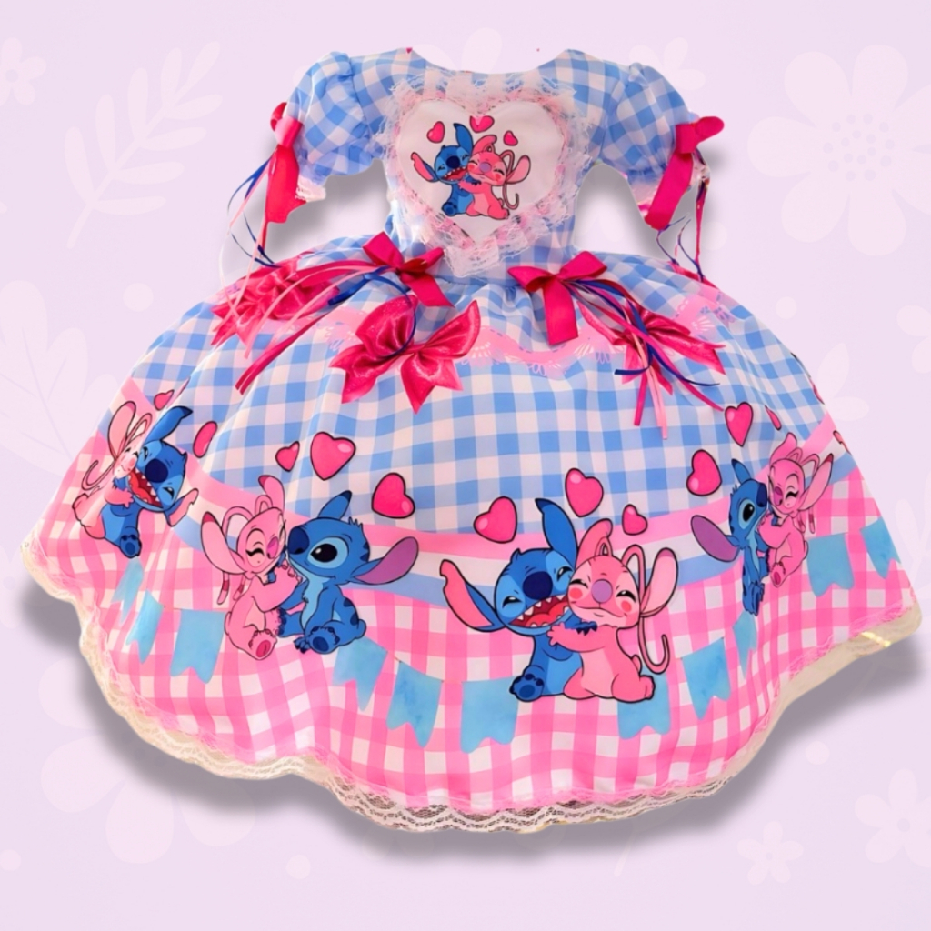 Vestido Festa Junina  Caipirinha Infantil Caipira Xadrez São João Arraiá Luxo Stitch