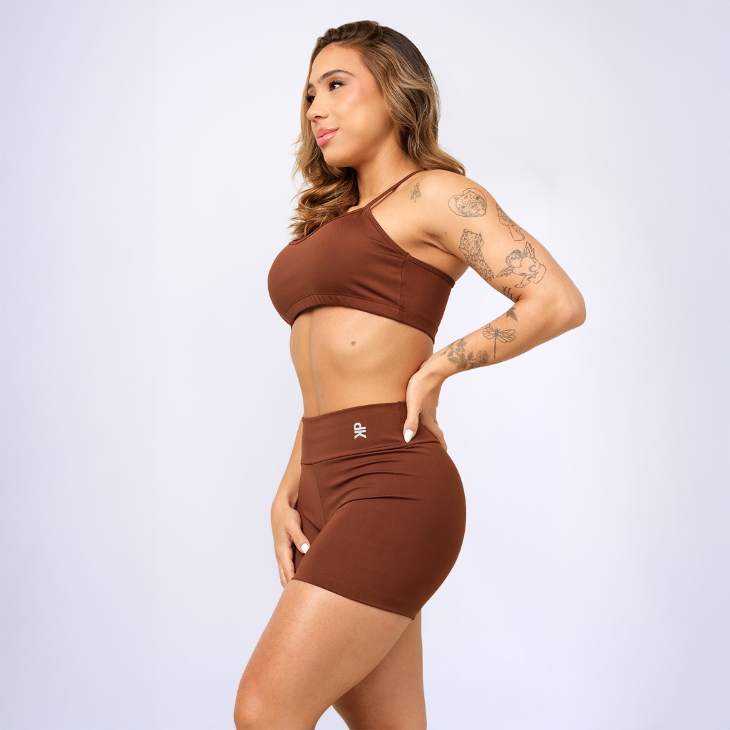 Conjunto Fitness Top Alça e Short Legging Blackout Cós Alto Feminino Liso Básico Academia