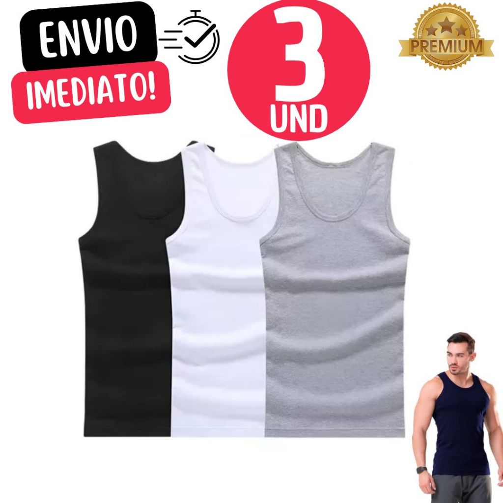 Jogo 3 Regata Canelada Premium Masculina Modelo Americano Ribana Canelada Algodão Com Elastano