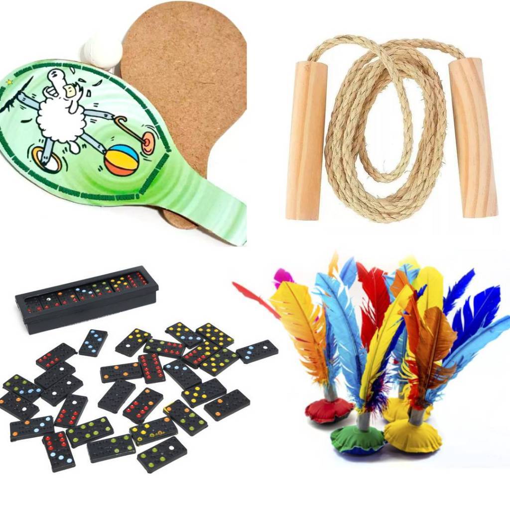 Kit 08 Brinquedos p/ Lembrancinha Infantil Prenda Atacado Dominó Raquete Corda de Pular Peteca