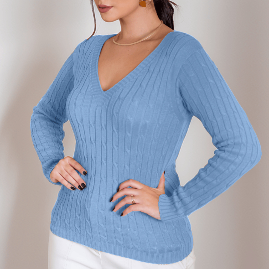 Blusa Tricot Feminino De Frio Básica Suéter Decote V Trança Manga Longa Casual Inverno