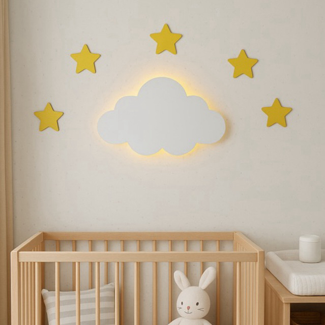 Nuvem iluminada Branco quente aconchegante para quarto de bebê + estrelinhas cor a sua escolha.