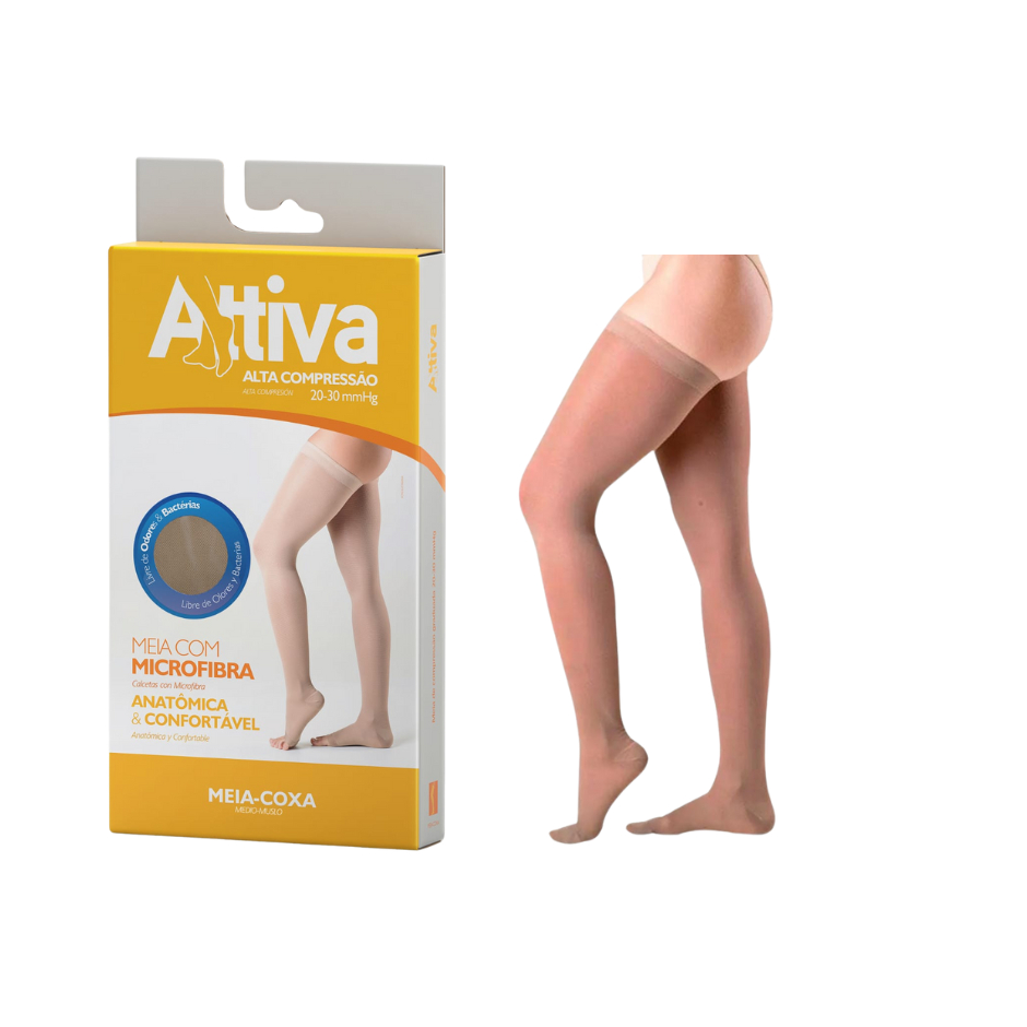 Meia coxa 7/8 Alta Compressão 20-30mmHg Attiva Ponteira Fechada Cor Natural Escura