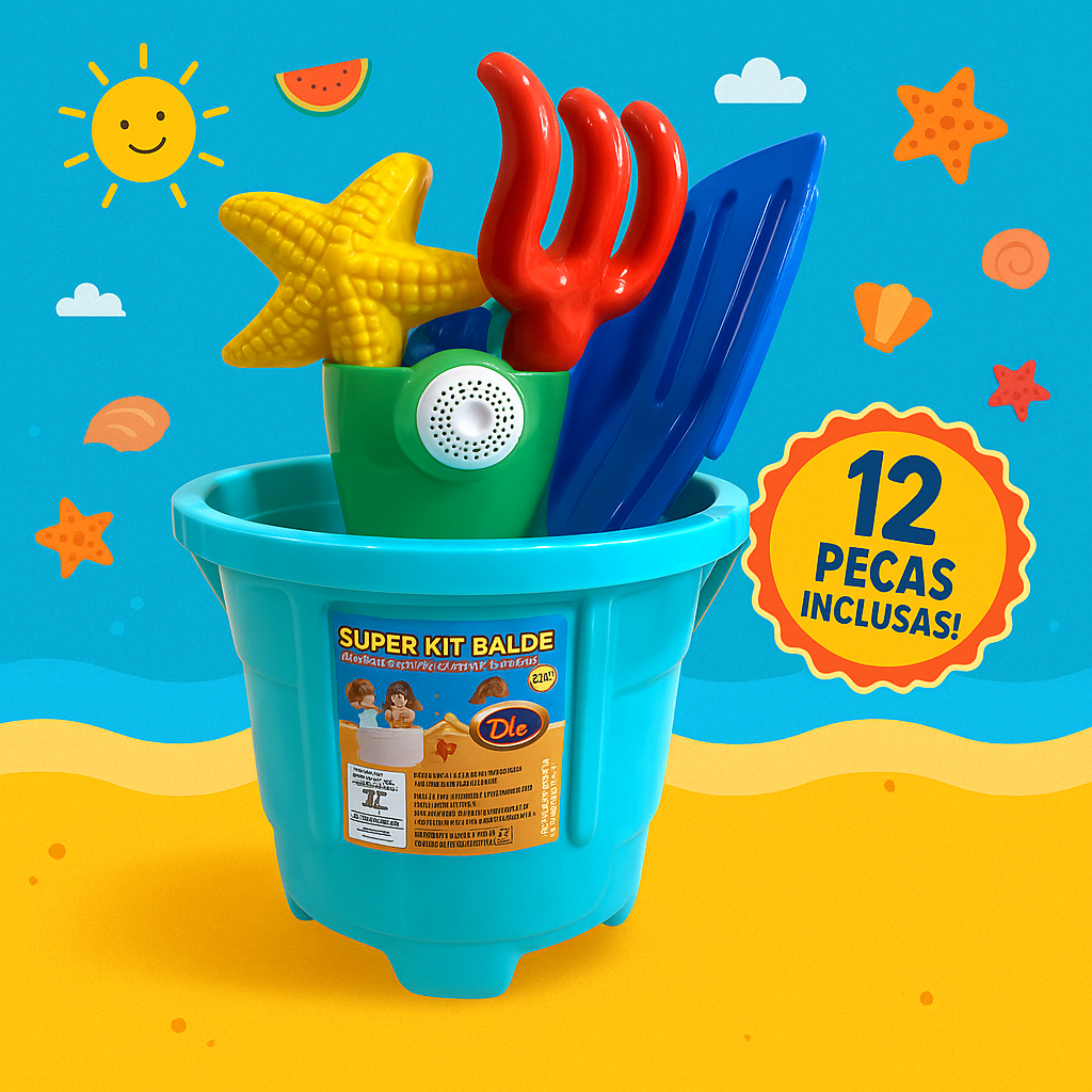 Baldinho Infantil de Praia – Kit 12 Peças Como Moldes, Pás e Regador – Brinquedo Para Areia, Piscina e Jardim
