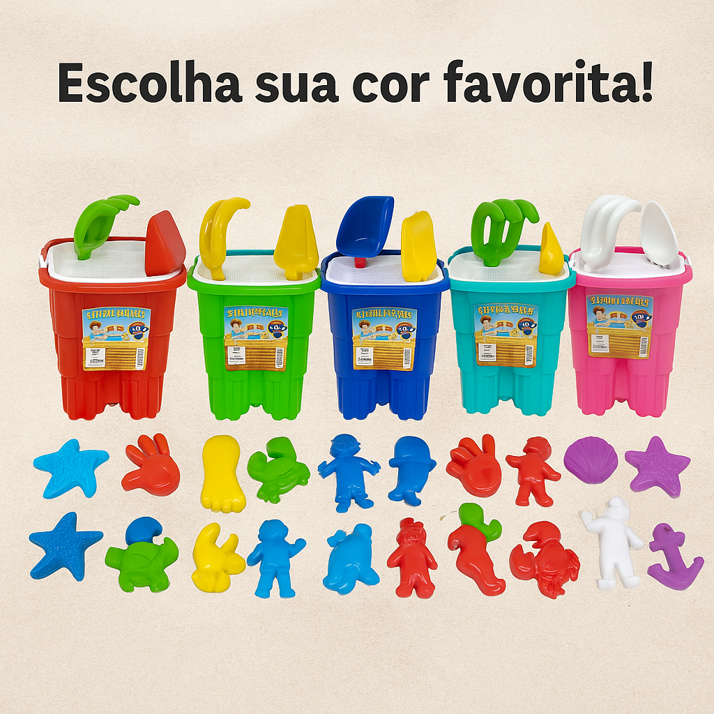 Baldinho Infantil de Praia Com 10 Peças Como Pazinha, Moldes e Peneira Brinquedo Educativo