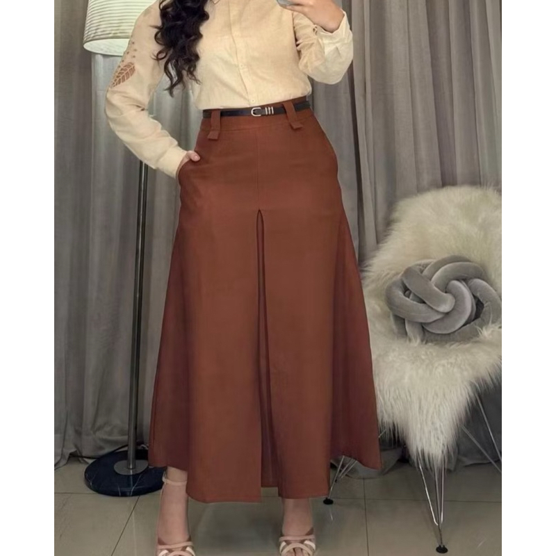 SAIA LONGA ALFAIATARIA FIT E FLARE FEMININA MODA EVANGÉLICA CINTURA ALTA FENDA FECHADA